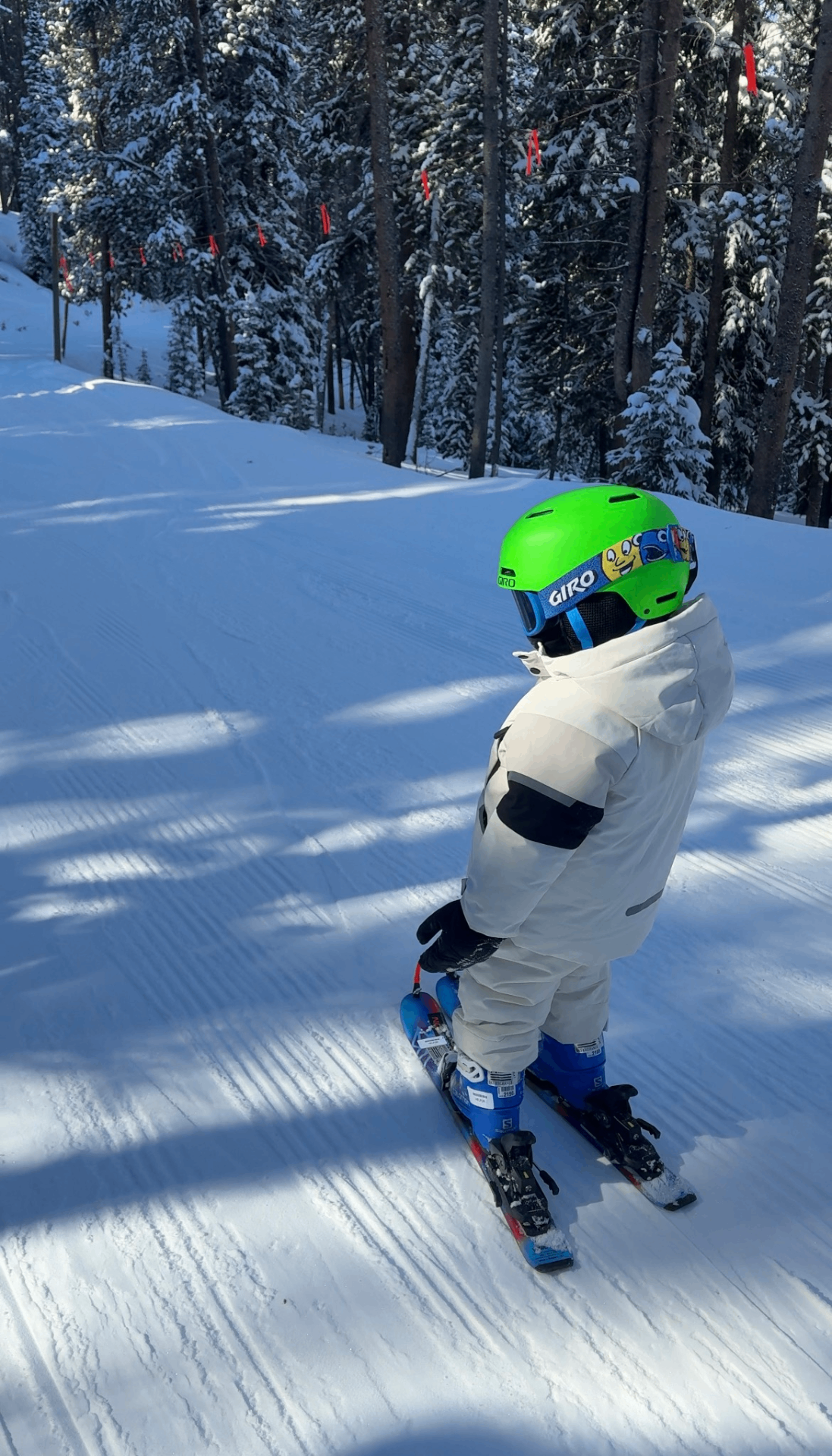 Pequeño rider en pista arbolada de Vail